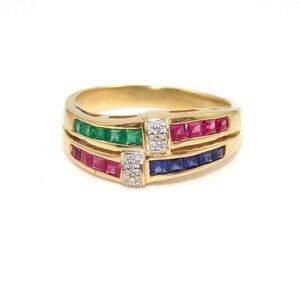 18K Yellow Gold Emerald Ruby Sapphire Diamond Accent Band Ring Size 7.5